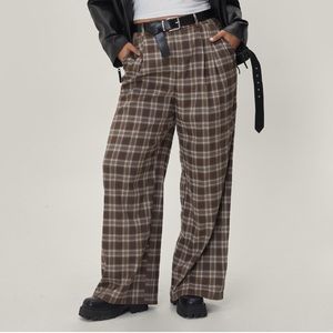 Plus Size Brown Check Wide Leg Trousers